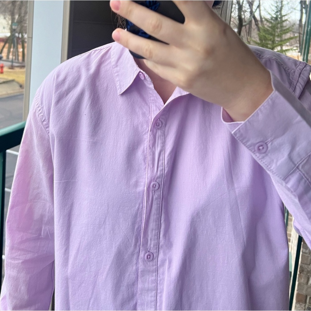 🆕 Solid Lilac Shirt 100% Cotton LS Buttons Up Back Slit Tunic M - Picture 4 of 11